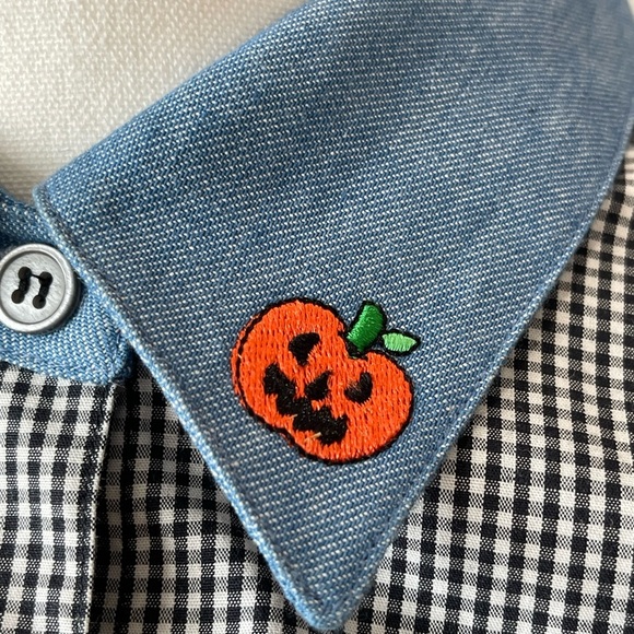 Hampshire Studio 100% cotton gingham embroidered Halloween button up tie shirt - Picture 13 of 16